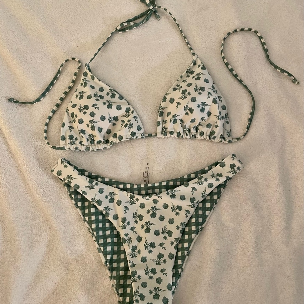 Green Floral & Gingham Reversible Bikini Set